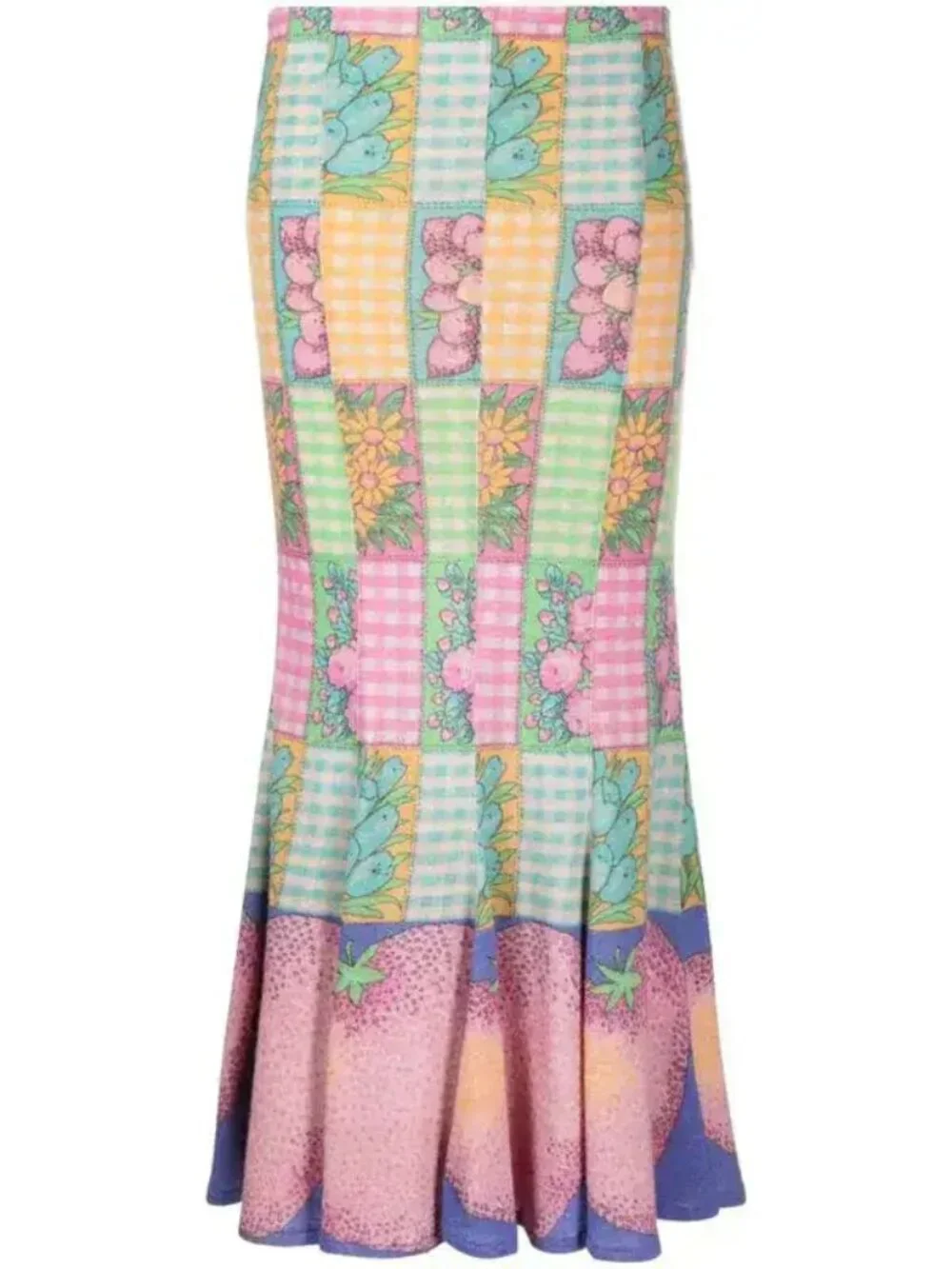 NWT ERL Mix Print Fluted Maxi Skirt Size L Pink Fruit Floral Gingham Designer